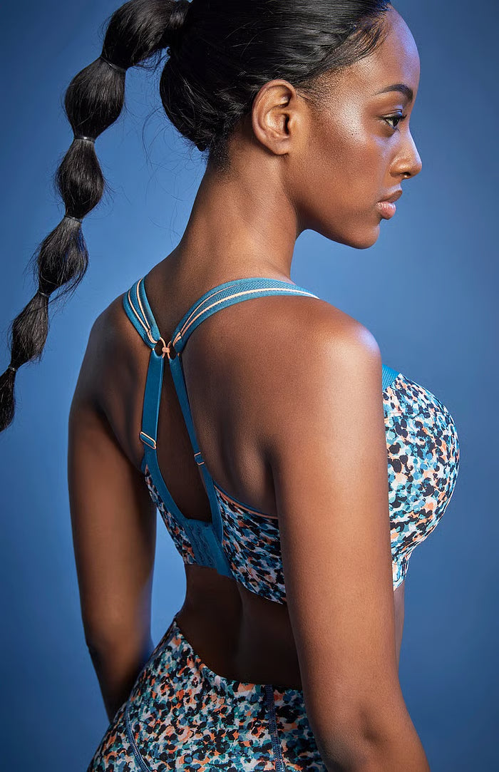 Blue grey full coverage sports bra for B to H cups