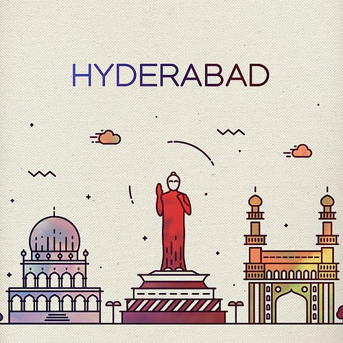 Illustration of Hyderabad skyline with landmarks on a textured beige background