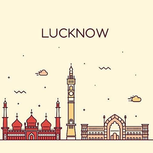 Illustration of Lucknow skyline with prominent buildings on a beige background