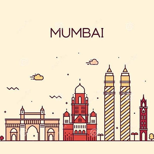 Illustration of Mumbai skyline with iconic buildings on a beige background